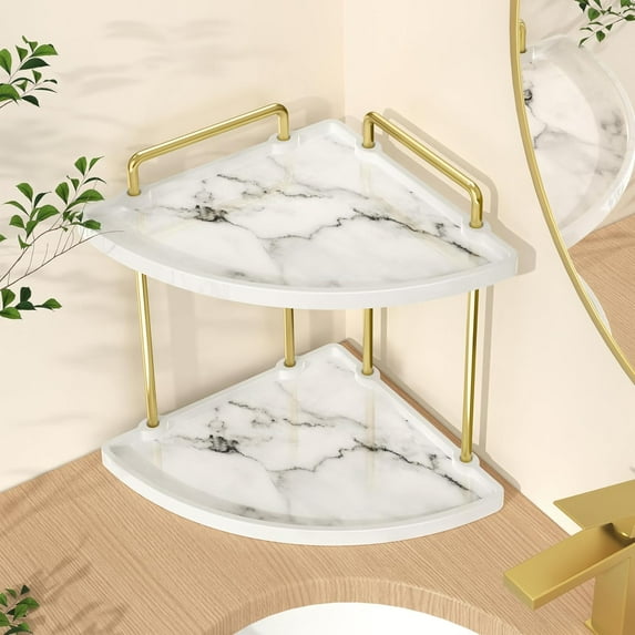 Marble Pattern Bathroom Corner Countertop Organizer, 2-Tier Ceramic Corner Counter Shelf, Vanity Skincare Perfume Organizer and Makeup Storage Tray Shelf, Polished Gold