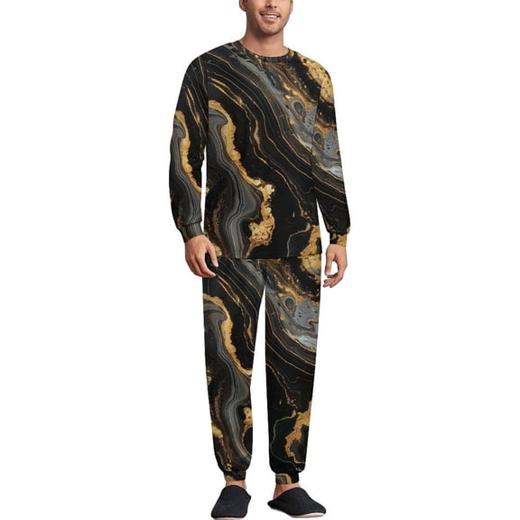 Marble Pattern Black Gold Men's Pajama Set Sleepwear Pjs Lightweight Long Sleeve Crewneck Shirts and Bottoms Soft Comfy Sleep Sets XS