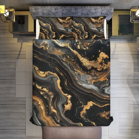 Marble Pattern Black Gold Quilt Cover Set Fashionable Printed Bedding Covers with Pillowcase Home Textiles, Queen (90"x90")