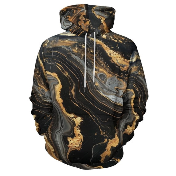 Marble Pattern Black Gold Regular Fit Hoodie, Sporty Pullover Hooded Sweatshirt for Men Women L