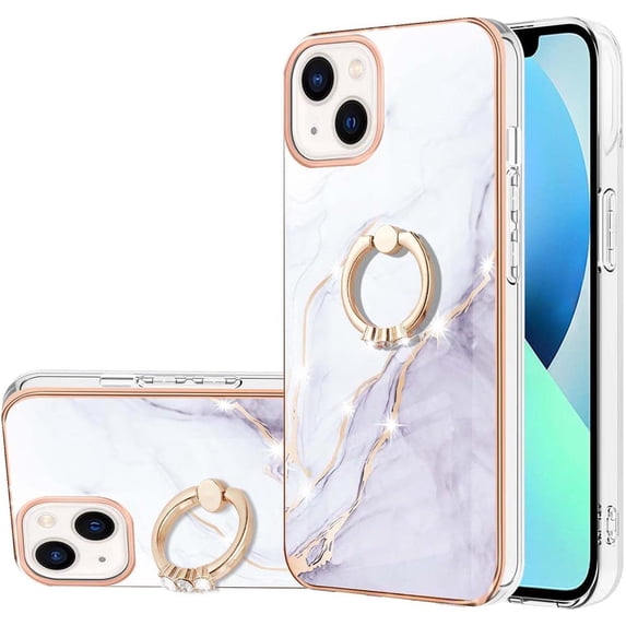 Marble Pattern Case for Apple iPhone 14 Plus with 360°Ring Holder Kickstand, Ultra Slim PC Material Shockproof Protective Girls Women Case Cover for iPhone 14 Plus DLS Pearl White