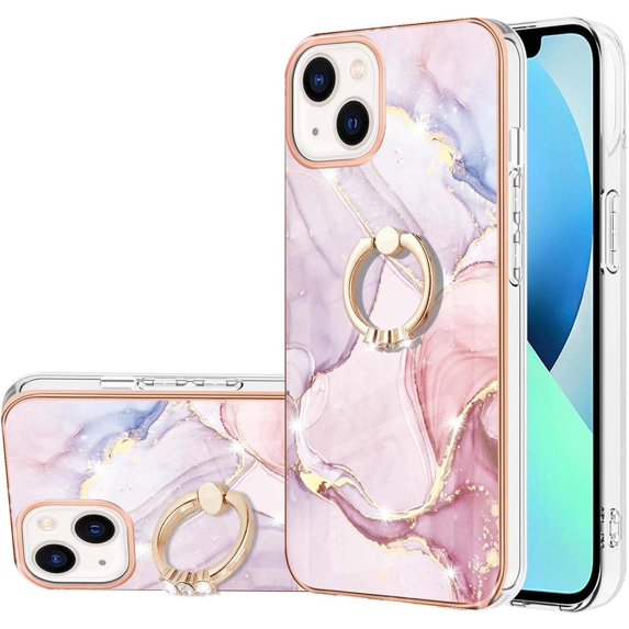 Marble Pattern Case for Apple iPhone 14 Plus with 360°Ring Holder Kickstand, Ultra Slim PC Material Shockproof Protective Girls Women Case Cover for iPhone 14 Plus DLS Rose Gold