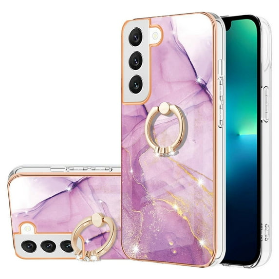 Marble Pattern Case for Samsung Galaxy S23 Plus, Diamond Rotated Ring Holder Kickstand Slim Fit Cover with Electroplated Frame All-Inclusive Lens Protection Anti-Shock Case, Lightpurple