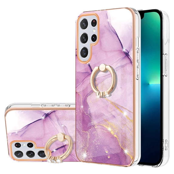 Marble Pattern Case for Samsung Galaxy S23 Ultra, Diamond Rotated Ring Holder Kickstand Slim Fit Cover with Electroplated Frame All-Inclusive Lens Protection Anti-Shock Case, Lightpurple