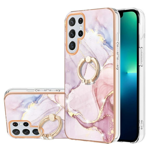 Marble Pattern Case for Samsung Galaxy S23 Ultra, Diamond Rotated Ring Holder Kickstand Slim Fit Cover with Electroplated Frame All-Inclusive Lens Protection Anti-Shock Case, Rosegold