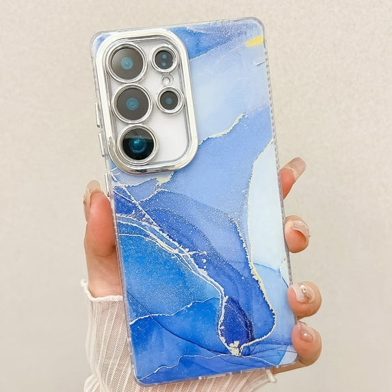 Marble Pattern Case for Samsung Galaxy S24 Sparkle Glitter Plating Camera Frame Design, Ultra Slim Shockproof Protective TPU Lightweight Cover Phone Case for Samsung Galaxy S24, S