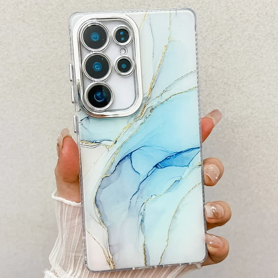 Marble Pattern Case for Samsung Galaxy S24 Ultra Sparkle Glitter Plating Camera Frame Design, Ultra Slim Shockproof Protective TPU Lightweight Cover Phone Case for Samsung Galaxy S24 Ultra, E