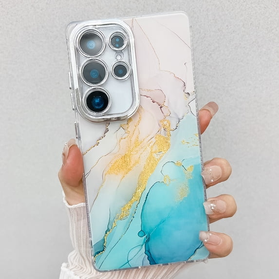 Marble Pattern Case for Samsung Galaxy S25 Sparkle Glitter Plating Camera Frame Design, Ultra Slim Shockproof Protective TPU Lightweight Cover Phone Case for Samsung Galaxy S25, P