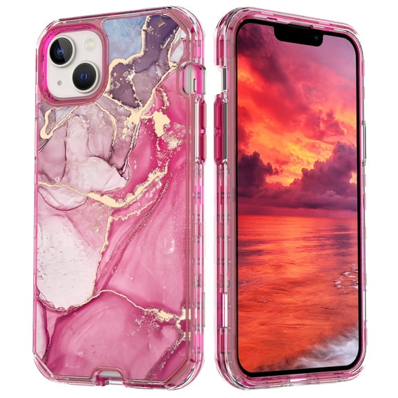 Marble Pattern Case for iPhone 14 Plus,Cute Heavy Duty 3 in 1 Full Body Shockproof Hard PC+Soft Silicone TPU Bumper Drop Protective Stylish Women Girls Phone Case Cover,Pink Marble