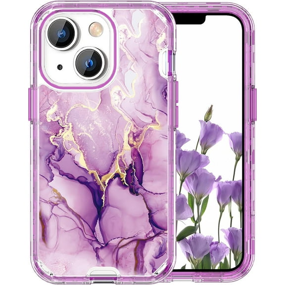 Marble Pattern Case for iPhone 15, Cute Heavy Duty 3 in 1 Full Body Shockproof Hard PC+Soft Silicone Bumper Drop Protective Stylish Women Girls Phone Case Cover for iPhone 15 6.1" (Hot Pink)