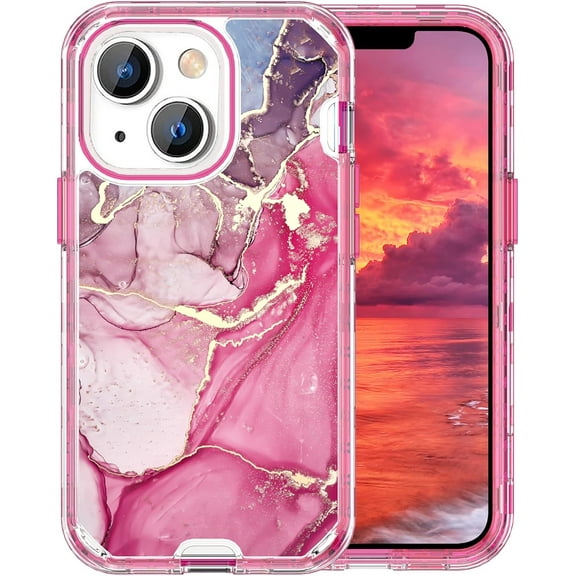 Marble Pattern Case for iPhone 15 Plus, Cute Heavy Duty 3 in 1 Full Body Shockproof Hard PC+Soft Silicone Bumper Drop Protective Women Girls Phone Case for iPhone 15 Plus 6.7 Inch (Hot Pink)