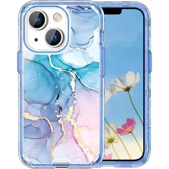 Marble Pattern Case for iPhone 15 Plus, Cute Heavy Duty 3 in 1 Full Body Shockproof Hard PC+Soft Silicone Bumper Drop Protective Women Girls Phone Case for iPhone 15 Plus 6.7 Inch (Hot Pink)