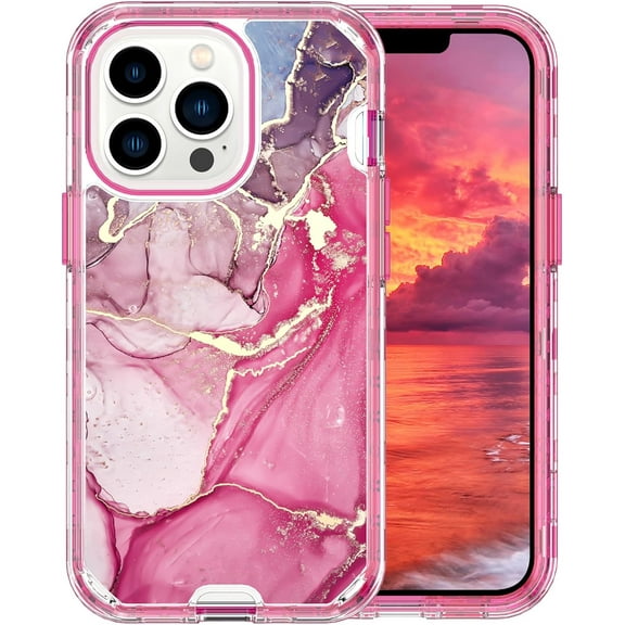 Marble Pattern Case for iPhone 15 Pro Max,Heavy Duty 3 in 1 Full Body Shockproof Hard PC+Soft Silicone Bumper Drop Protective Women Girls Phone Cover Case for iPhone 15 Pro Max 6.7Inch (Blue)