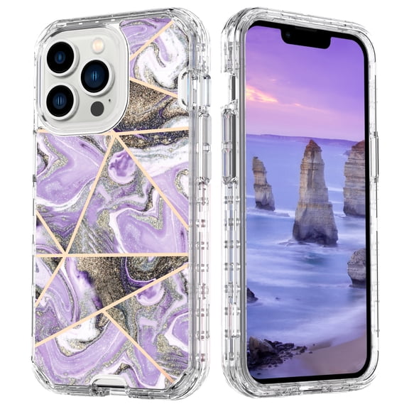 Marble Pattern Case for iPhone 16 Pro Max,Cute Heavy Duty 3 in 1 Full Body Shockproof Hard PC+Soft Silicone TPU Bumper Drop Protective Stylish Women Girls Phone Case Cover,Grid Light Purple Marble