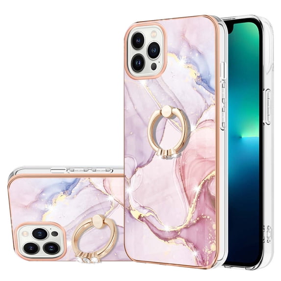 Marble Pattern Case for iPhone 16 Pro Max, Rotated Diamond Ring Holder Kickstand Slim Cover with Electroplated Frame All-Inclusive Lens Protection Shockproof Phone Cover, Pink Marble