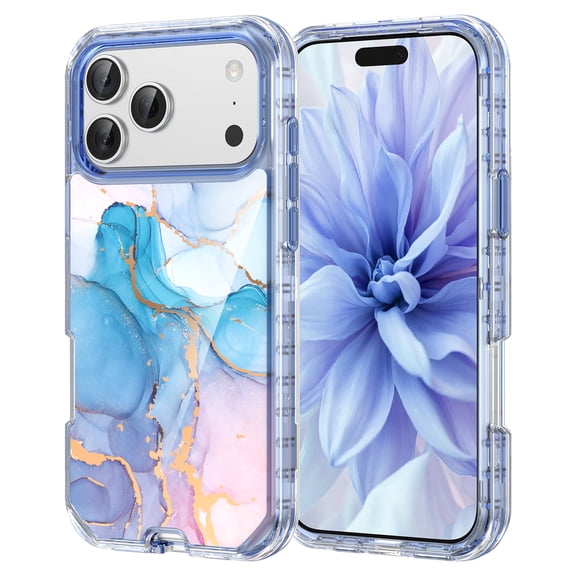 Marble Pattern Case for iPhone 17 Pro,Cute Heavy Duty 3 in 1 Full Body Shockproof Hard PC+Soft Silicone TPU Bumper Drop Protective Stylish Women Girls Phone Case Cover,Blue Pink Marble