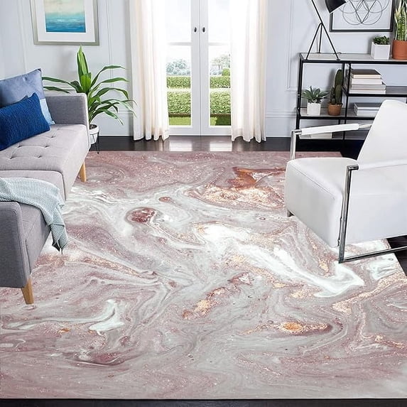 Marble Pattern Modern Abstract Area Rugs Rose Gold Grey Art Deco Carpet For Living Room Bedroom Retro Accent Rug Under Coffee Table Indoor Home Office Floor Rug 4 x 6ft