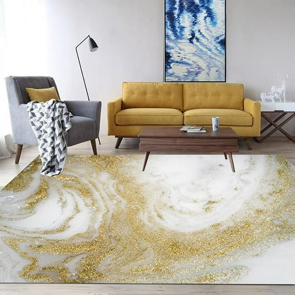 Marble Pattern Modern Abstract Area Rugs White Grey Gold Soft Carpet For Living Room Bedroom Washable Rug Under Dining Table Indoor Home Office No-Slip Floor Rug 4 x 6ft