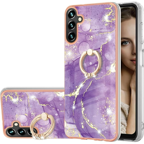 Marble Pattern for Samsung Galaxy A34 5G Case with Ring Holder Kickstand, Ultra Slim PC Material Shockproof Protective Girls Women Case Cover for Samsung Galaxy A34 5G DLS Golden Purple