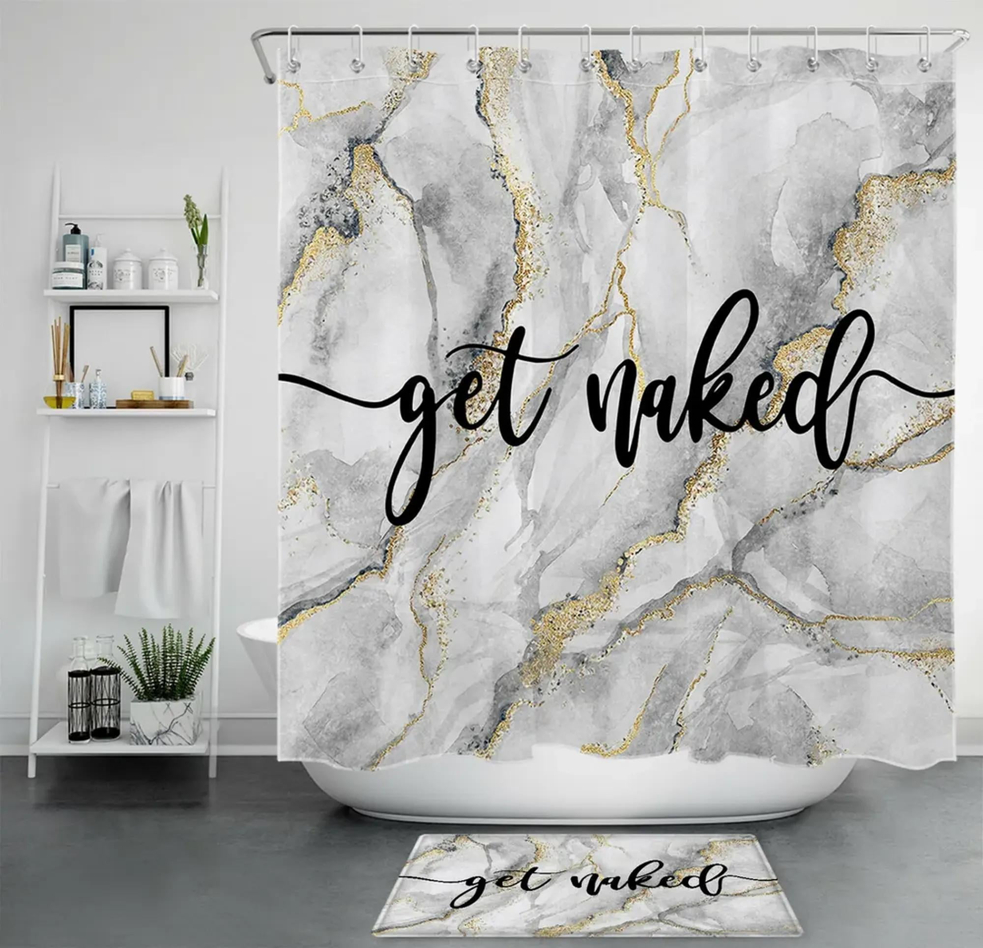 Marble Pattern Shower Curtain with Gold Rim and Witty Phrases Elevate