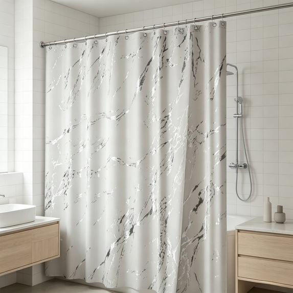 Marble Pattern Silver Foil Shower Curtain, 72" Thickened Waterproof Bathroom Partition, Modern Home Decor Curtain for Tub & Shower Stall, Weighted Hem, White