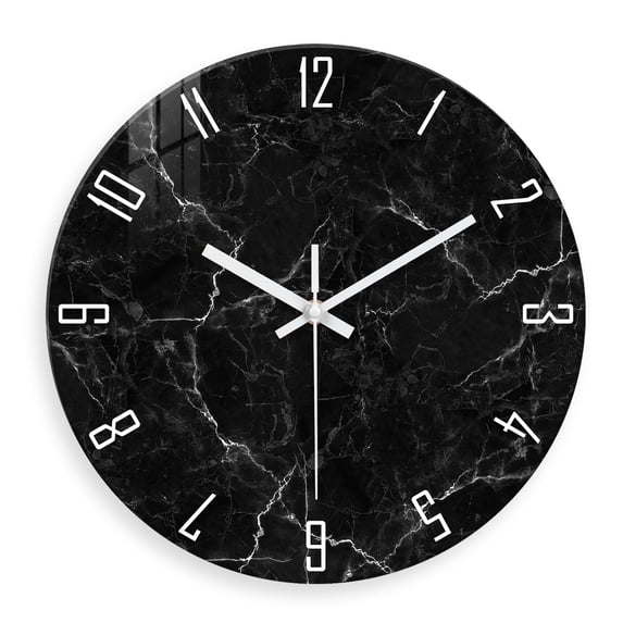 Black Marble Wall Clock14 Inch Kitchen Wall Clocks Battery Operated Minimalist Round Glass Decorative Clock for Living Room Bedroom Decor Silent Non Ticking