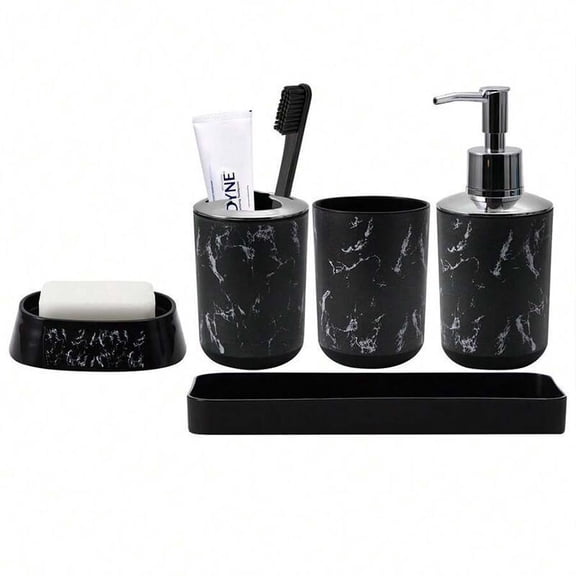 Marble Patterned Bathroom Accessory Set, Includes Mouthwash Cups, Toothbrush Holder, Soap Dispenser, Soap Box, Tray, Toilet Brush, Trash Can & Swab Box