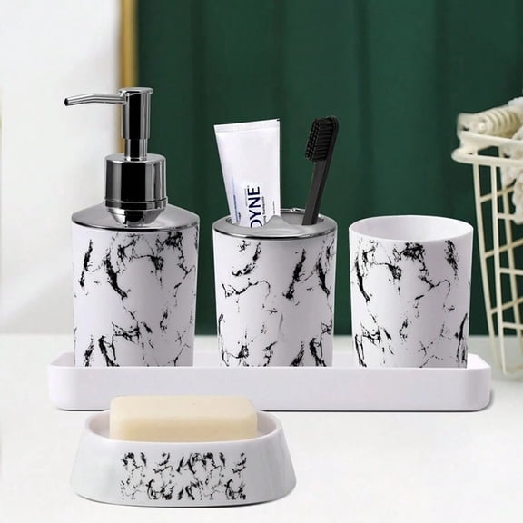 Marble Patterned Bathroom Accessory Set, Includes Toothbrush Holder, Soap Dispenser, Soap Box, Tray, Toilet Brush, Trash Can, Swab Box & Mouthwash Cups