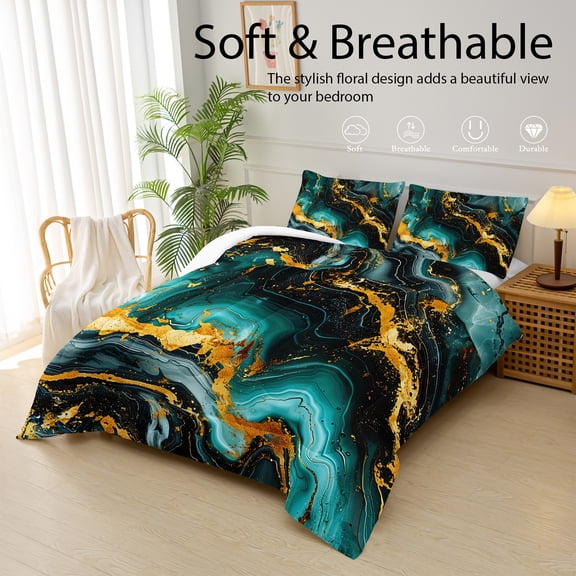 Marble-Patterned Comforter Set King Size, Gold Foil-Printed Blue Bedding 3-Piece Set (1 Comforter + 2 Pillowcases), Suitable for All Seasons, Soft, Comfortable, Breathable Printed Bedding