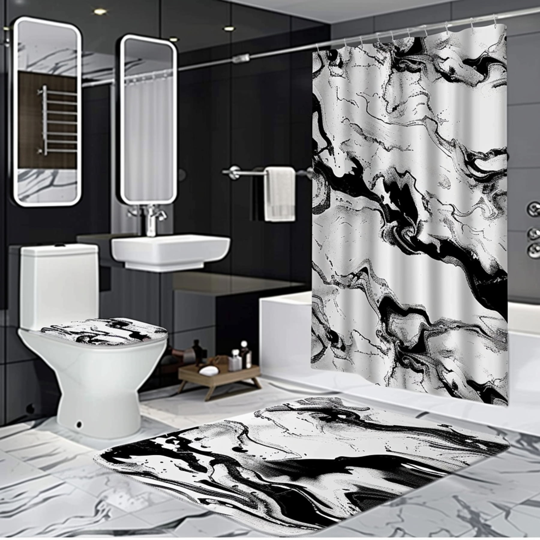 Marble Patterned Fabric Shower Curtain Black and White Bathroom Set ...