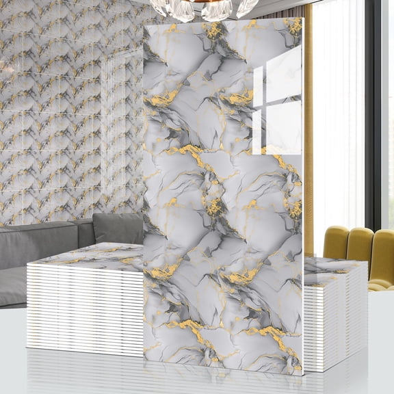 Marble Peel and Stick Backsplash Waterproof 23.6"x11.8" PVC Wall Panels, PVC Foam Marble Tile, Back Splash Stick on Tiles (Not Real Tile) for Kitchen Bathroom Living Room (40, Light Gray Gilding)