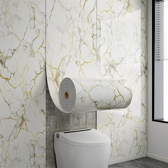 Marble Peel and Stick Countertop Paper - Waterproof Marble Contact Paper, 15.7" x 118" Thick Self-Adhesive Film for Kitchen, Bathroom Vanity, Cabinets, Tables (White and Golden)