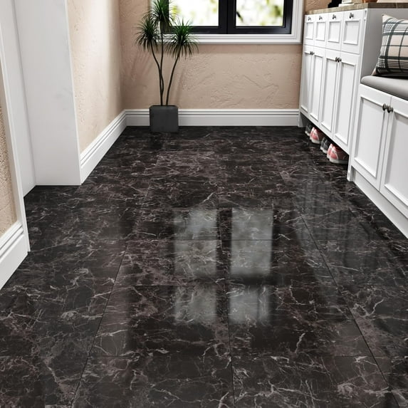 Marble Peel and Stick Floor Tile Easy to Clean Waterproof Flooring for Kitchen Bathroom Bedroom Light Balck Vinyl Flooring Self Adhesive Floor Tile Stickers Durable Removable Tiles 18PCS