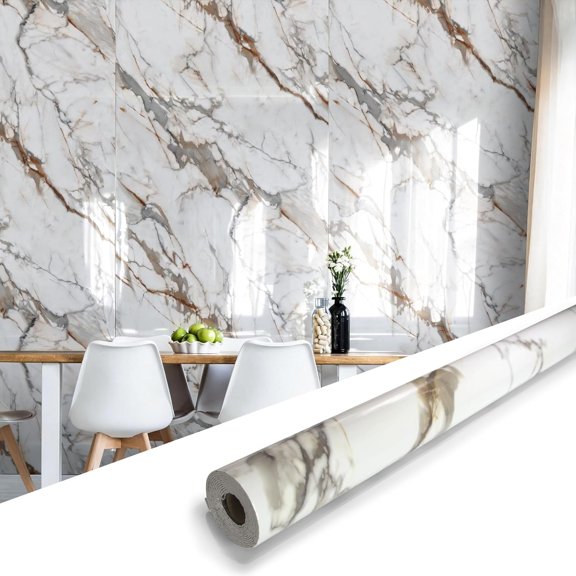 Marble Peel and Stick Waterproof Wall Paneling, 118" x 47" Calacatta Gold Glossy Finish Self-Adhesive Backsplash Tile Vinyl Wall Panel for Kitchen Bathroom Wall Decor, Covers 38.75 Sq. Ft.