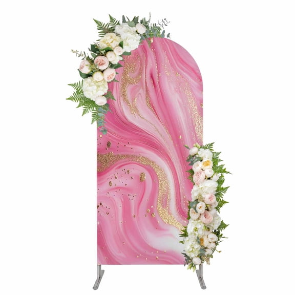 Marble Pink Arch Backdrop Cover 4FT, Modern Abstract Artwork Luxury Golden Spandex Fitted Stretchy Arch Stand Covers, Round Top Chiara Backdrop Cover for Wedding Party Birthday Baby Shower