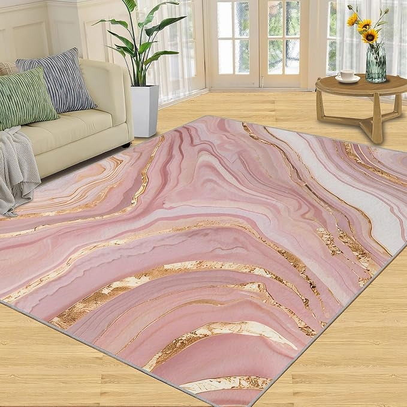 Marble Pink Area Rug Machine Washable Rug, Non-Shedding Soft Dreamy ...
