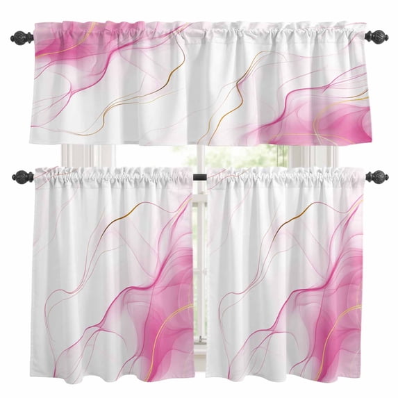 Marble Pink Kitchen Curtains Sets for Windows 36 Inch Length, Gold White Modern Gradient Ocean Wavy Ripple Rod Pocket Window Treatments Tier Curtains and Valances Set for Bedroom/Bathroom