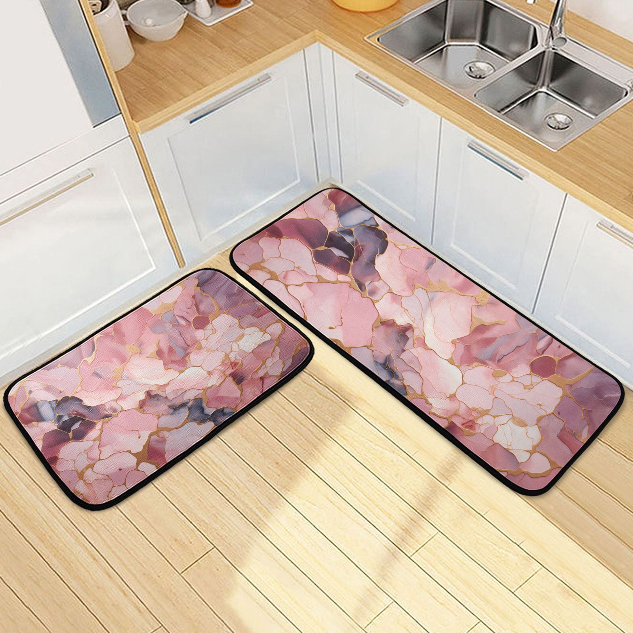Marble Pink Kitchen Rugs Set of 2 Non Slip Floor Foam Mat Cushioned