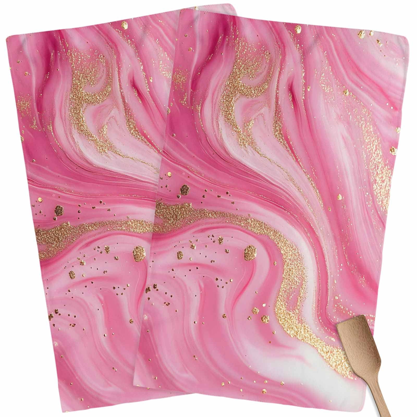 Marble Pink Kitchen Towel Dish Cloths Set of 2, Microfiber Soft Kitchen Hand Towels, Modern Abstract Artwork Luxury Golden Absorbent Quick Drying Dishcloths 18 x 28 Inches