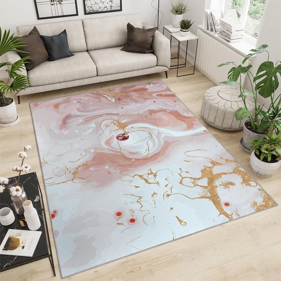 Marble Pink Machine Washable Area Rugs For Living Room, Non-Slip Rug Dream Art Marble Texture Pink Carpet For Bedroom Entryway Dining Room Office Rug Decor 4x6ft