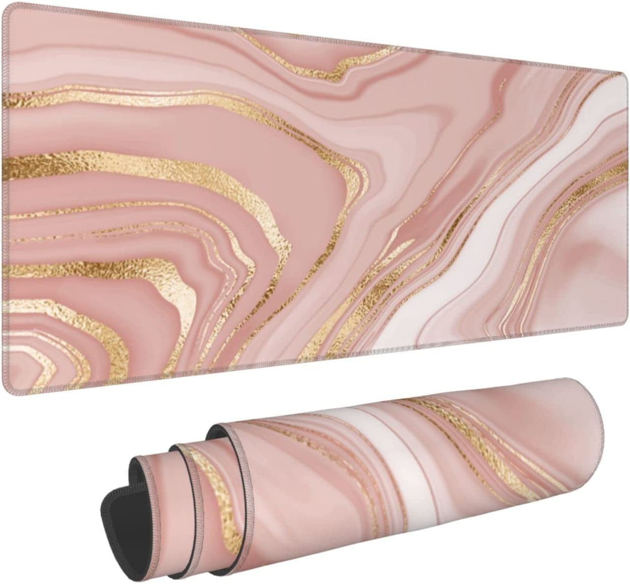 Marble Pink Mouse Pad, Extended Desktop Large Gaming Mousepad with Gold Texture, Waterproof Non-Slip Big Long Full Makeup Mat for Laptop, Keyboard, Computer for Decor Women Office, XL 31.5 * 11.8 in