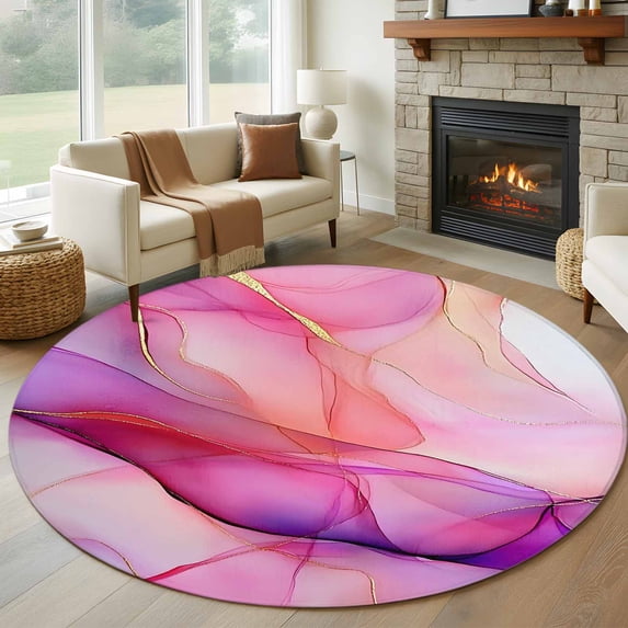 Marble Pink Purple Round Living Room Rugs 5 ft, Gradient Liquid Gold Foil Wavy Washable Area Rug with Non-Slip Sturdy Edge Binding Round Carpet for Entryway Kitchen Bedroom Bathroom