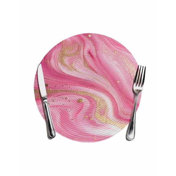 Marble Pink Round Placemats for Dinning Tables,Heat-proof Braided Table Mats 13 Inch,Modern Abstract Artwork Luxury Golden Washable Place Mat for Kitchen Restaurant Party Decor Supplies Table Setting