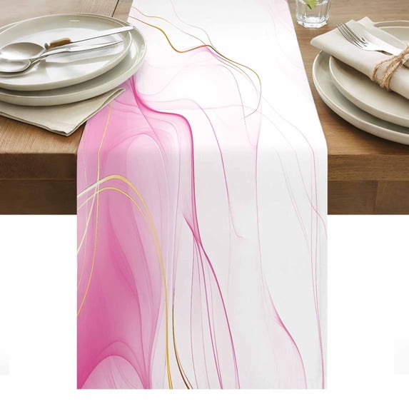 Marble Pink Table Runner - 108 Inch Long, Kitchen Dining Table Runner Dresser Scarves, Gold White Modern Gradient Ocean Wavy Ripple Farmhouse Decor for Coffee Tables Wedding Party Banquet