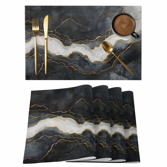 Marble Placemats Set of 2, Cotton Linen Fabric Place Mats, Black Grey Modern Luxury Gold Washable Decorative Table Mats Protector for Home Kitchen Dining Wedding Party Coffee Tables