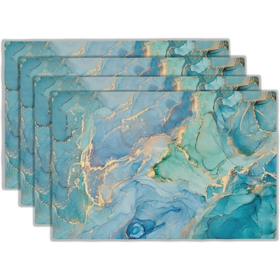 Marble Placemats Set of 4,Blue Teal Turquoise Gold Table Mats Non-Slip Heat Resistant Washable Placemat for Party Kitchen Dining Table Decoration Indoor Outdoor