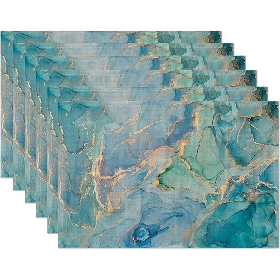 Marble Placemats Set of 6,Blue Teal Turquoise Gold Table Mats Non-Slip Heat Resistant Washable Placemat for Party Kitchen Dining Table Decoration Indoor Outdoor