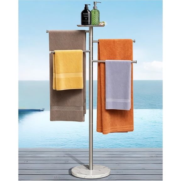 Marble Pool Towel Rack Outdoor - 45 Inch Stainless Steel Standing Racks 4 Swivel Arms Towels Holder for Patio Bathroom