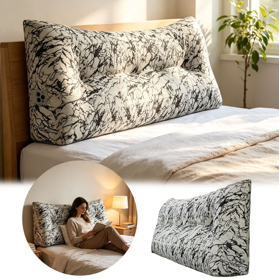 Marble Print Corduroy Triangular Headboard Pillow with Side Pocket, Reading Bed Rest Wedge Backrest Cushion for Bedroom Dorm Sofa (60cm)