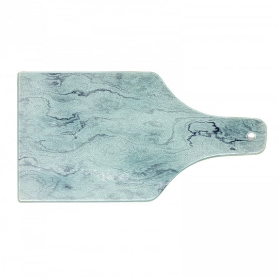 Marble Print Cutting Board, Soft Pastel Toned Abstract Wavy Pattern Ottoman Influences Image, Decorative Tempered Glass Cutting and Serving Board, Wine Bottle Shape, Pale Blue Grey Mint, by Ambesonne